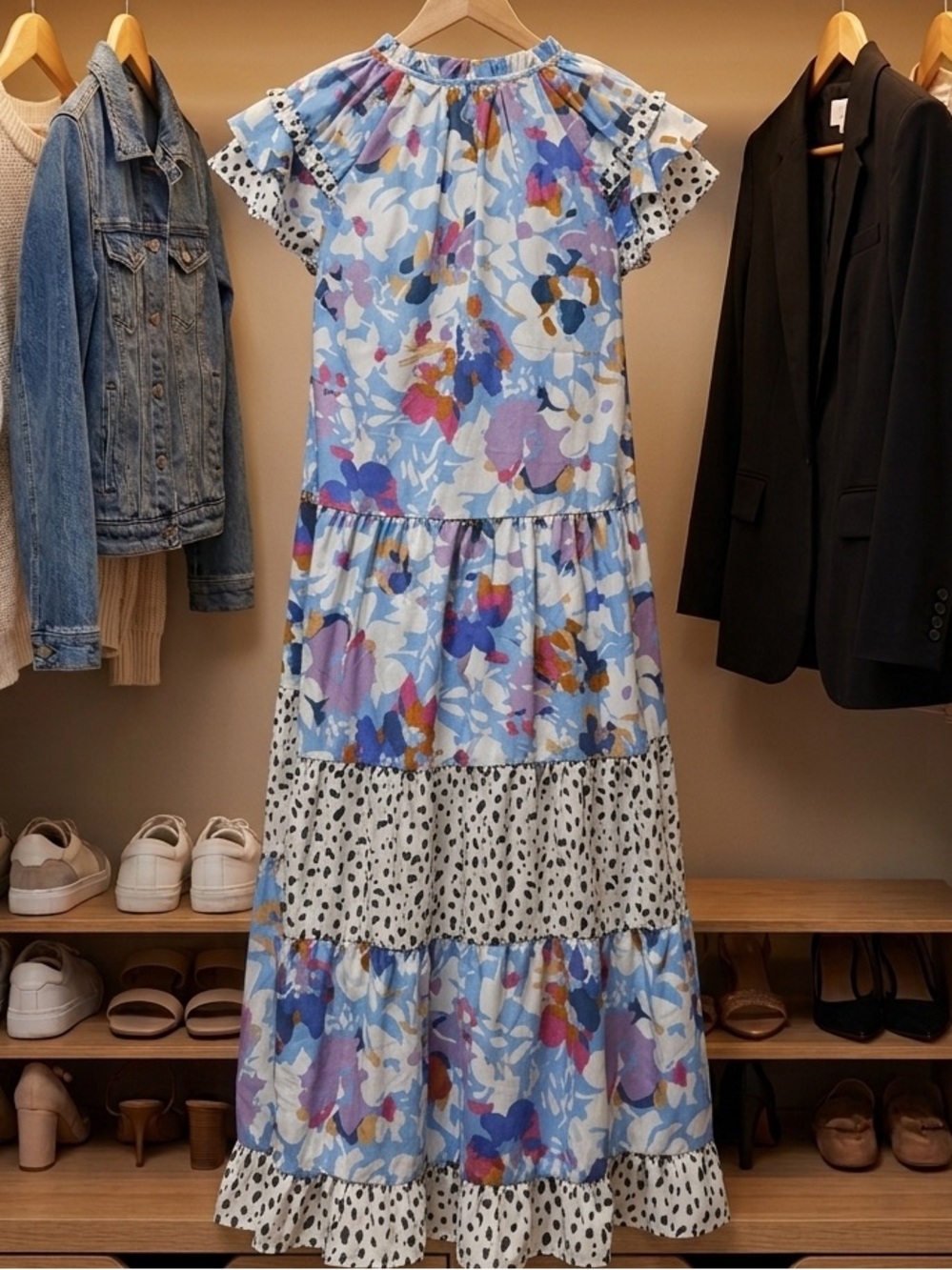 Umgee nwt ptp 19” Floral Tiered Midi Dress in Pastel Blue/black dots - Picture 5 of 9